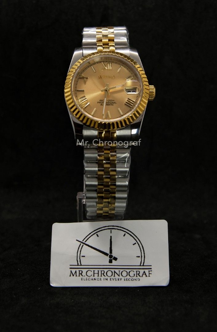 Seiko Mod Datejust Two-tone (Category: Luxury Watches) located in Manila. Submitted by rafael_lesaguis (Listing ID 1339666427, Image 1). Description: BRANDNEW (Never-yet-worn) Seiko Mod Datejust Two-tone Movement: Seiko NH35 Automatic Date Feature with hacking seconds and winding Two-tone Strap Dial: Datejust roman gold markers with date window Glass: Sapphire scratch resistant Hands: Datejust Timegrapher calibrated Seals and gaskets lubricated I