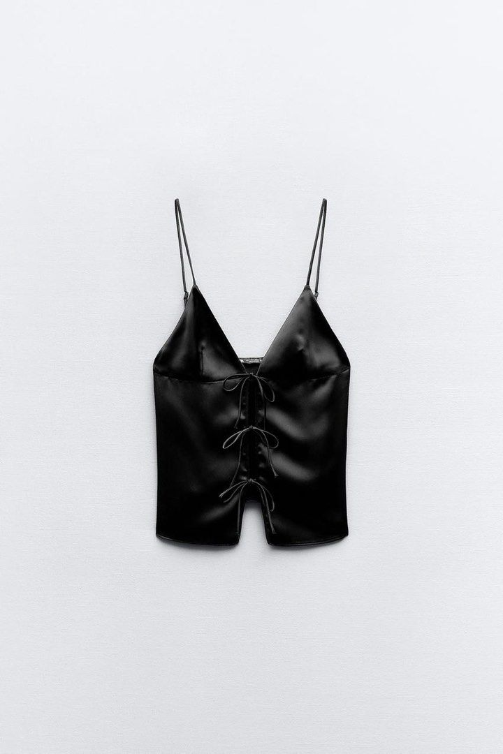 Zara black satin effect tie coquette cami top (Category: Sleeveless) located in Mandaluyong City. Submitted by justfits_ (Listing ID 1339722901, Image 2). Description: Used once.