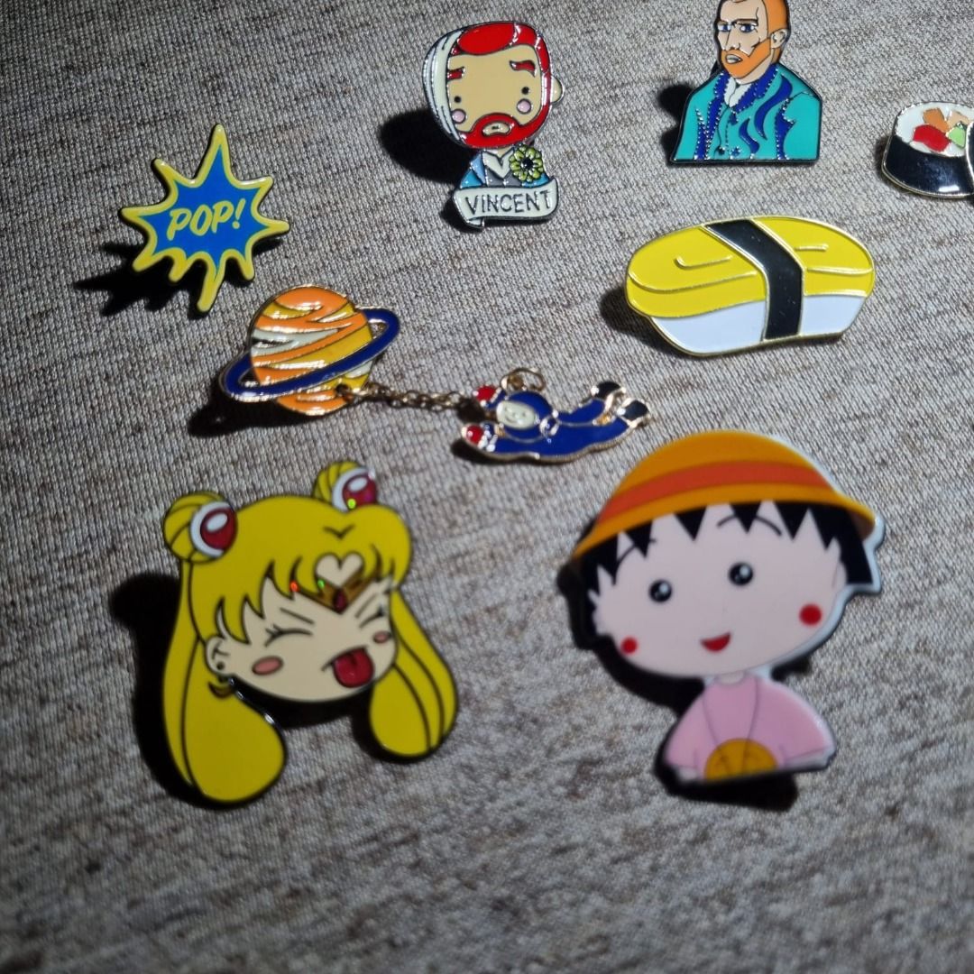 Assorted Pins - Van Gogh, Sailr Moon, Chibi Maruko Chan, Fuji, etc ...
