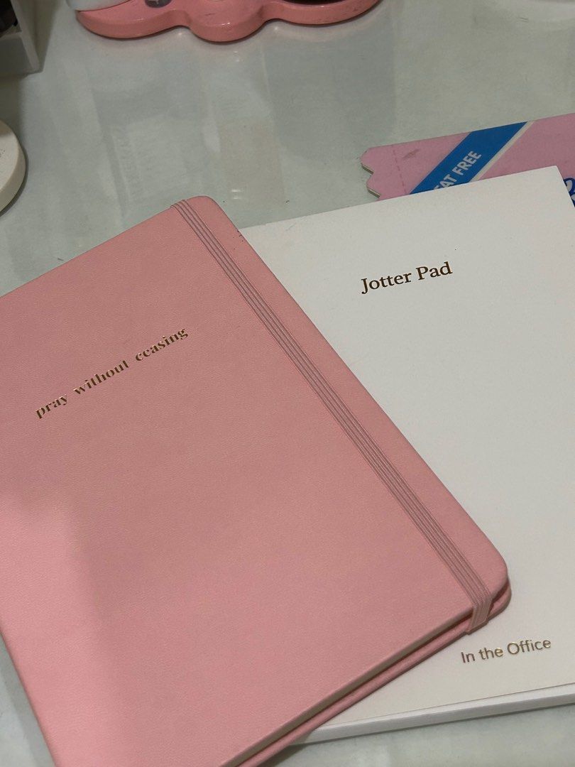 [BUNDLE] Prayer Journal (blank) and Jotter Pad (blank) (Category: Stationery & School Supplies) located in Lipa City. Submitted by namjooniefy (Listing ID 1344466879, Image 1). Description: Sold as a bundle for P280.00 with minimal stain on the covers, but no issues on the paper itself. RFS: extra notebooks / declutterring MOP: gcash / seabank MOD: j&t direct .
