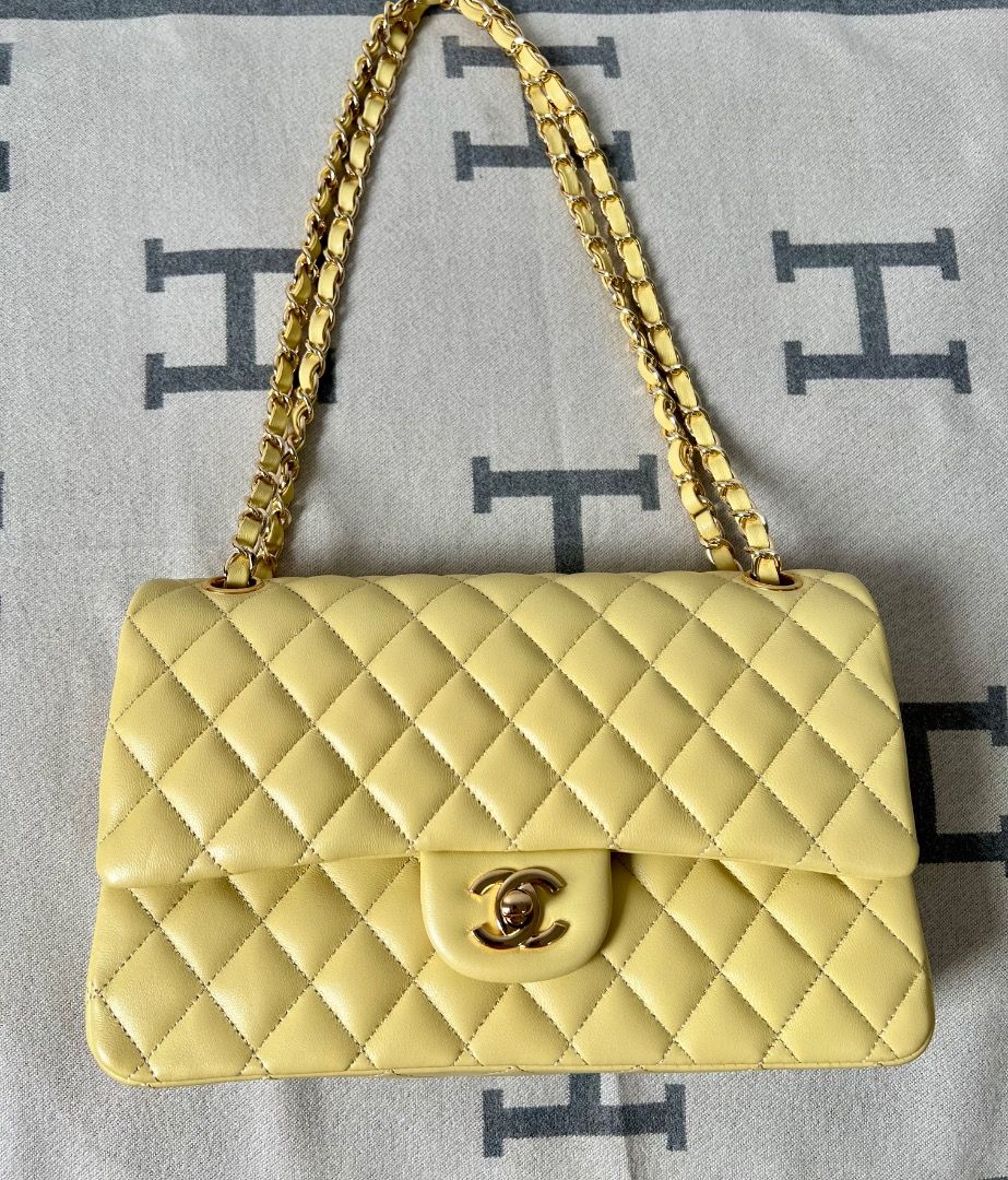 Chanel Double Flap Medium Yellow Lambskin Chain Shoulder Bag (Category: Luxury Bags & Wallets) located in Antipolo. Submitted by chanchimj (Listing ID 1322442574, Image 1). Description: • Available on-hand • Ready to ship • what you see is what you get 💯 • actual photos already posted NOTE: ❌ We don’t do meet-ups , due to I have other works to do. ❌ NO RETURN , NO EXCHANGE, NO REFUND If in doubt , don’t place order. So we cant waste each other’s