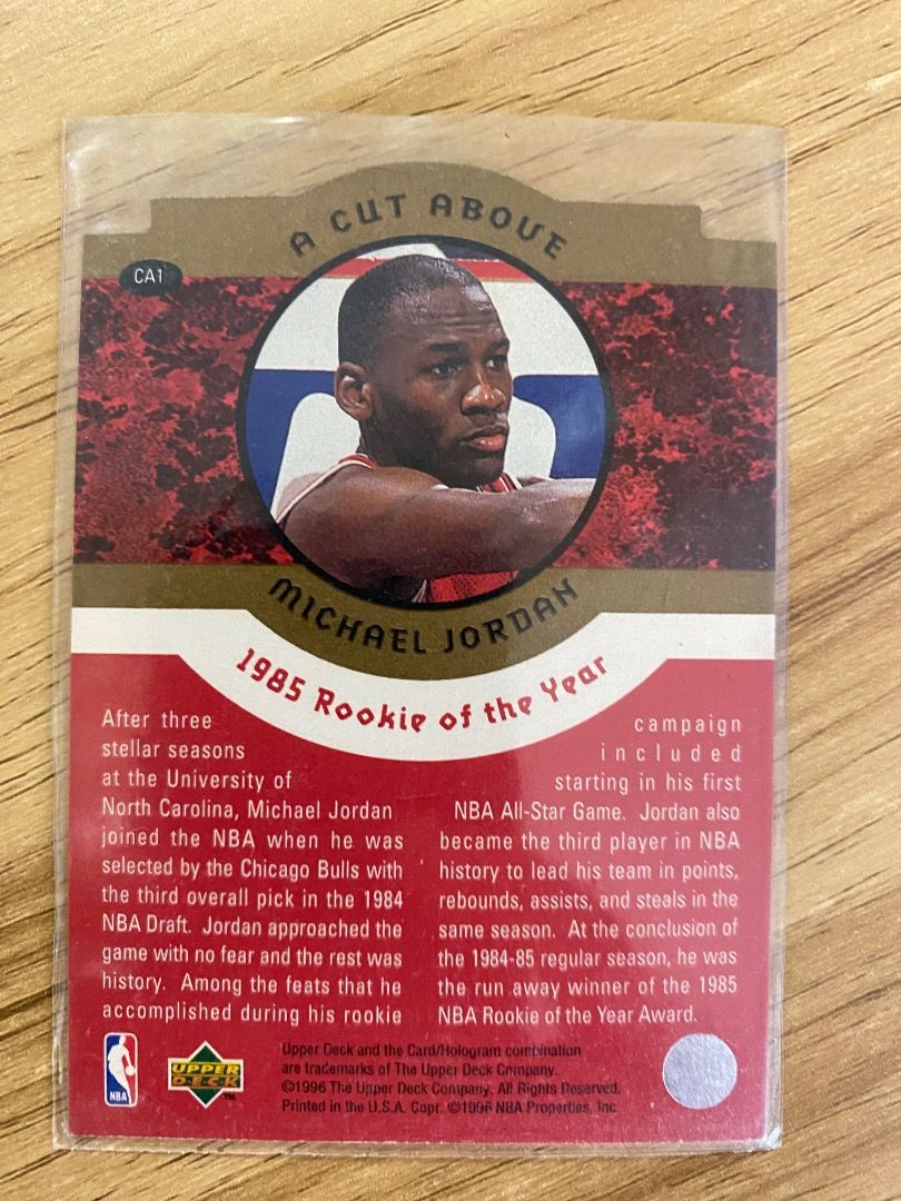 Michael Jordan Rookie Year NBA card (Category: Raw Singles) located in Quezon City. Submitted by stivmoorers12 (Listing ID 1344593850, Image 2). Description: 97 Upper Deck “A Cut Above” Rookie of the Year card.