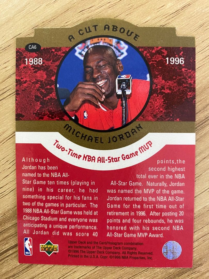 Michael Jordan - A cut above NBA card series (Category: Raw Singles) located in Quezon City. Submitted by stivmoorers12 (Listing ID 1344594393, Image 2). Description: Upper Deck “A cut above” edition - 4 time NBA Champion (CA8) - 2-time All Star MVP (CA6) .