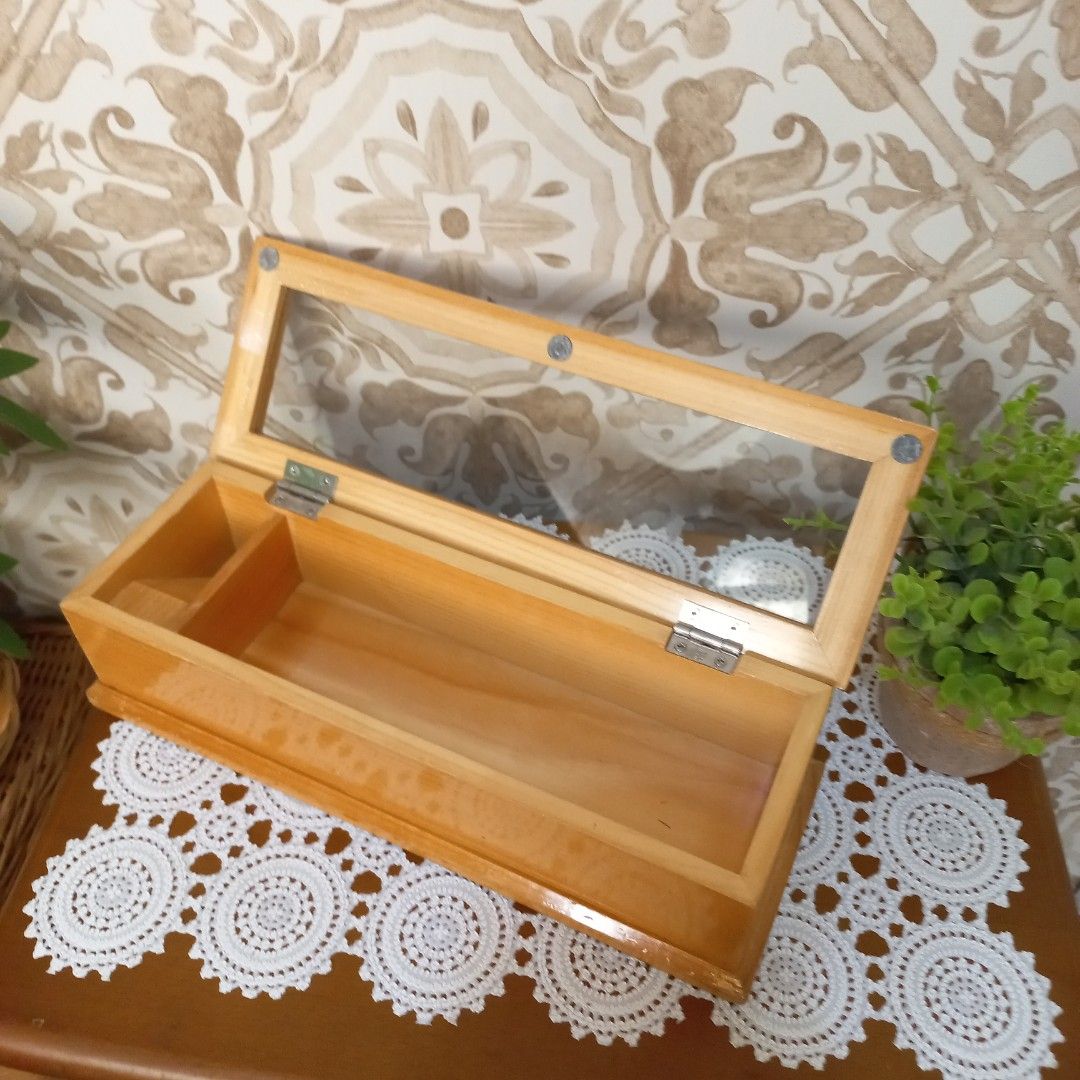 Solid wood chopstick toothpick case with glass lid (Category: Storage Boxes & Baskets) located in Dasmarinas. Submitted by millennialmeetsvintage (Listing ID 1344516761, Image 2). Description: H 7 x L 28 x W 10 cm solid pine wood flaw: dings and dents last price posted no haggling pls 📌shipping via lalamove only 📌no reservations, first-to-pay basis 📌no physical store, no walk-ins 📌ships from dasma cavite 📌no COD transactions.