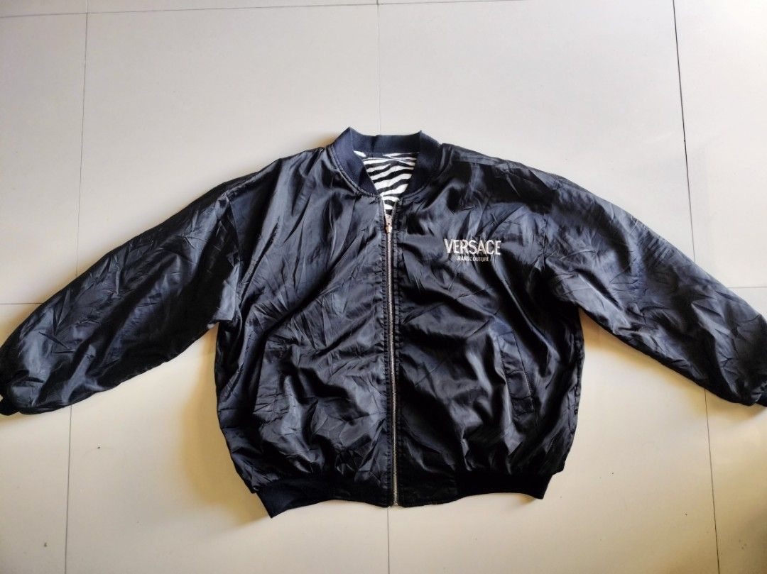 Versace couture bomber (Category: Coats, Jackets and Outerwear) located in Baguio. Submitted by thriftrot (Listing ID 1344476615, Image 2). Description: Versace couture reversible bomber issue: last photo excellent regardless of issue fits xxl mens box type L27.4 W27-27.5 9.5/10 color rate tight knits excellent tiger liner loc baguio add shipping fee.