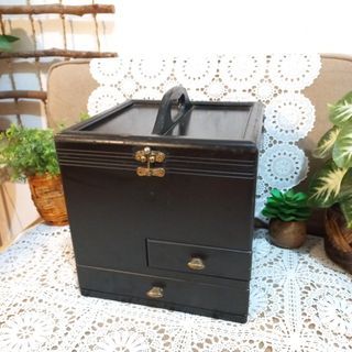 Vintage wooden makeup box with mirror vanity box organizer