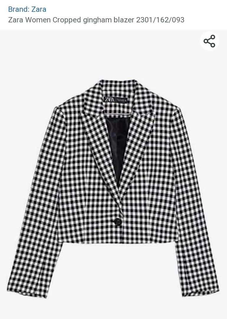 Zara Women Cropped Gingham Blazer (Category: Longsleeves) located in Alaminos. Submitted by aj_collection28 (Listing ID 1344558953, Image 1). Description: Size: XS on tag Dimes: 18W x 17.5L Excellent Condition No issue DM Now po. Loc. Pangasinan.