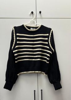 黑色條紋針織拼接雪紡袖上衣64243048920706110