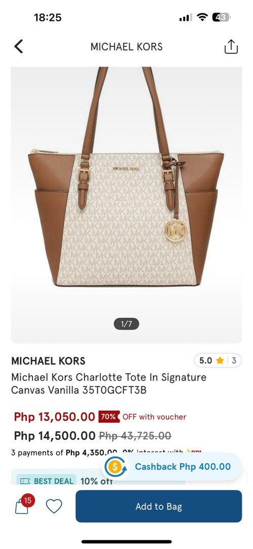Authentic MICHAEL KORS Charlotte Large Tote Bag (Category: Luxury Bags & Wallets) located in San Leonardo. Submitted by siobhan_28 (Listing ID 1281522380, Image 3). Description: 📌 Bought from Michael Kors boutique in Japan for 18k pesos 📌 Has care card, dust bag, and gift receipt 📌Barely used and no issues; see pics for more details 📌 Signs of usage barely visible, straps are in good condition and no breaks whatsoever 📌 Slightly negotiable �