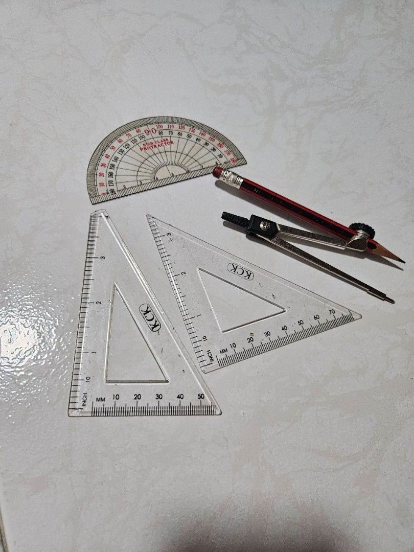 Clear Plastic Math Protractor (Category: Stationery & School Supplies) located in Singapore. Submitted by sellbom (Listing ID 1344724345, Image 1). Description: 1) 180 degrees Clear Plastic Math Protractor $2.00 each 2) Mathematical instrument set - but take note that one of the triangle (set square) already chip off. Consists of set squares, protractor and compass - $5.00 a set.