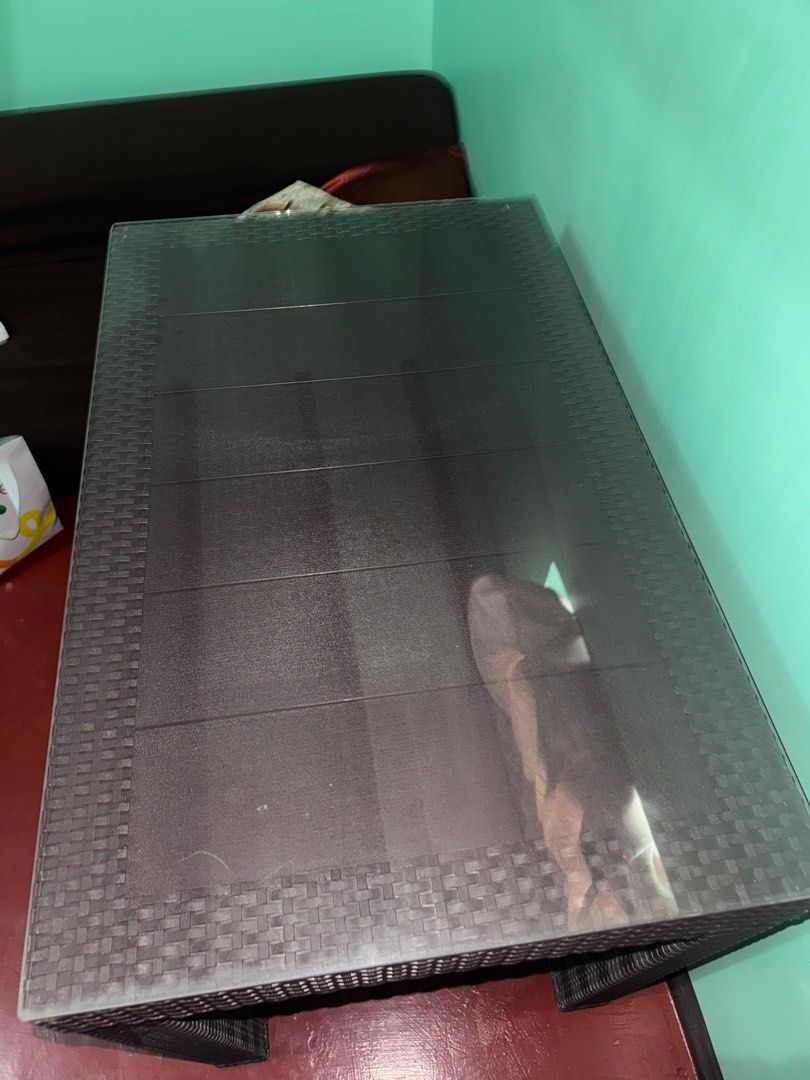 4 seater plastic rattan table with top glass (Category: Tables & Sets) located in Manila. Submitted by eyaaa (Listing ID 1339760816, Image 2). Description: Rfs: moving out.