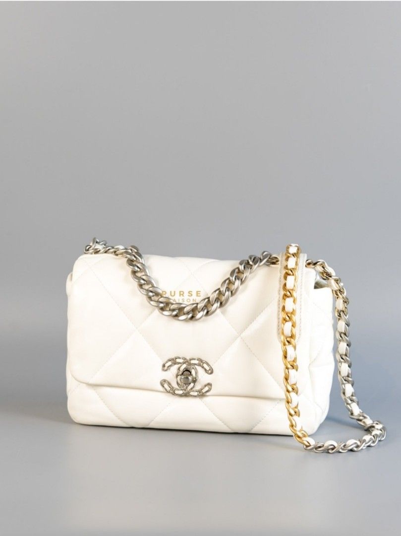 Chanel C19 Small in White Lambskin Leather & Mixed Hardware (Microchip) (Category: Luxury Bags & Wallets) located in Taguig. Submitted by pursemaison (Listing ID 1339893897, Image 1). Description: Chanel C19 Small in White Lambskin Leather & Mixed Hardware (Microchip) ✨Php 240,000 *Additional 4% for straight credit card payments *Available for 6 months layaway with 1% interest per month *BDO credit card up to 36 mos & Citibank credit card up to 2