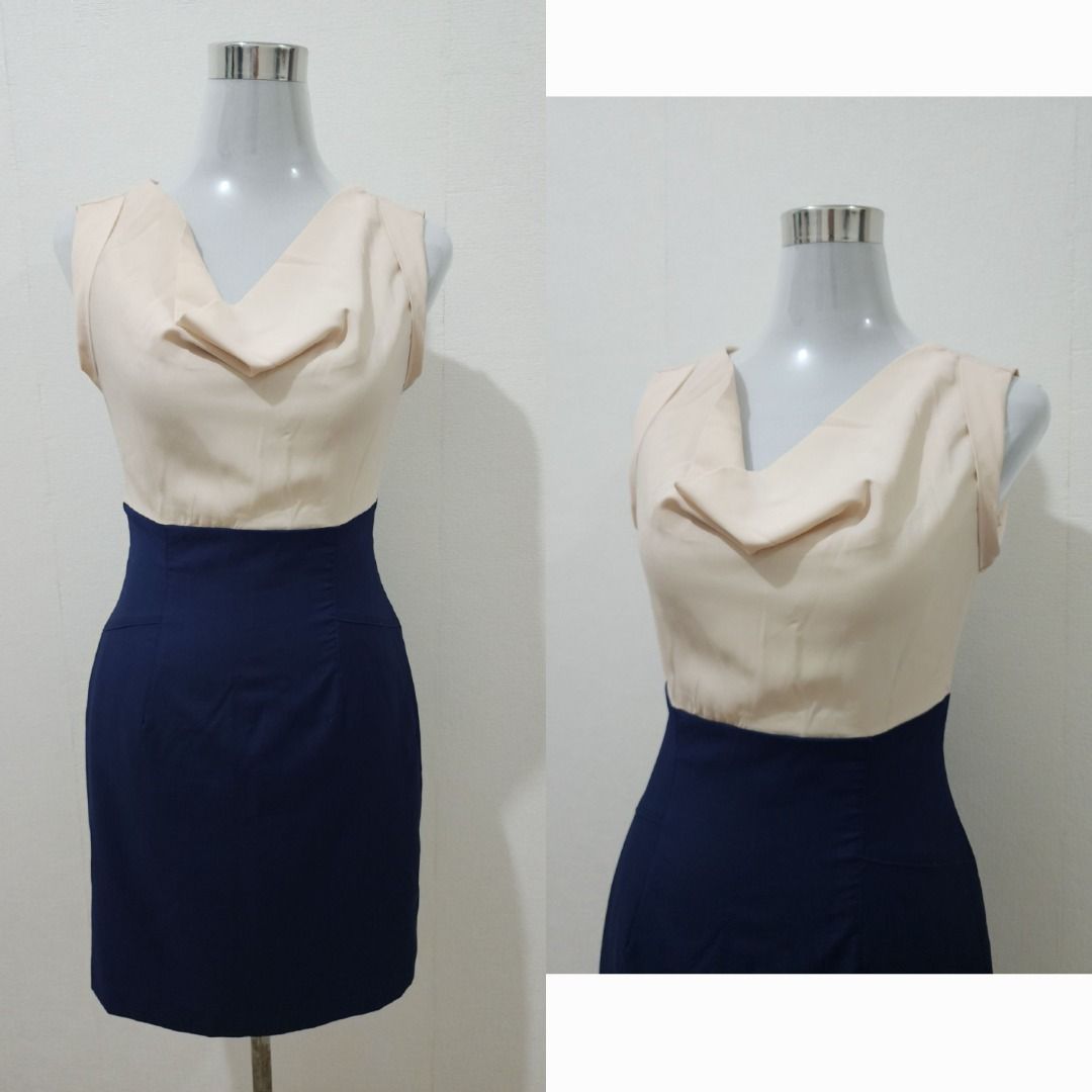 Office Wear / Formal Dress (Category: Dresses) located in San Fernando. Submitted by shaneamab (Listing ID 1339895618, Image 1). Description: Item Description and Details: - Office Wear - Best paired with coat - Used few times - Size: Small - Dimensions: See uploaded photos - Color: Blue & Cream - RFS: Decluttering old clothes (too small na :').