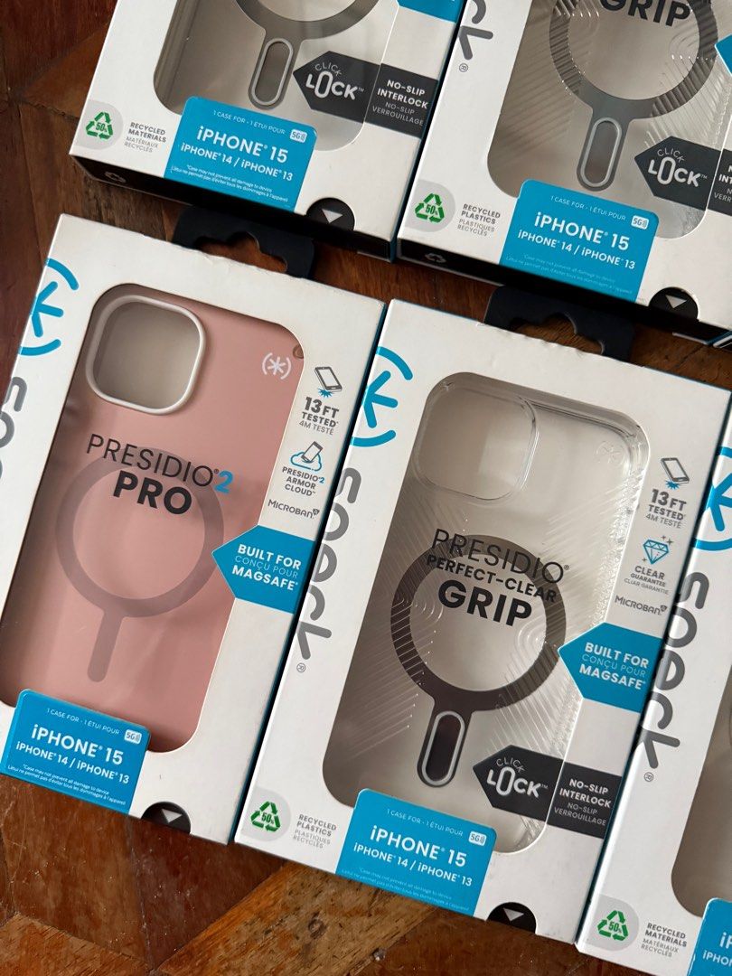 Original Speck Presidio Case for iPhone 13 / 14 / 15 (Category: Cases & Sleeves) located in Manila. Submitted by razelysonn (Listing ID 1339917246, Image 2). Description: Price list: Clear - 1,500 Pink - 1,500 Black - 1,500 Clear Grip - 1,600 .
