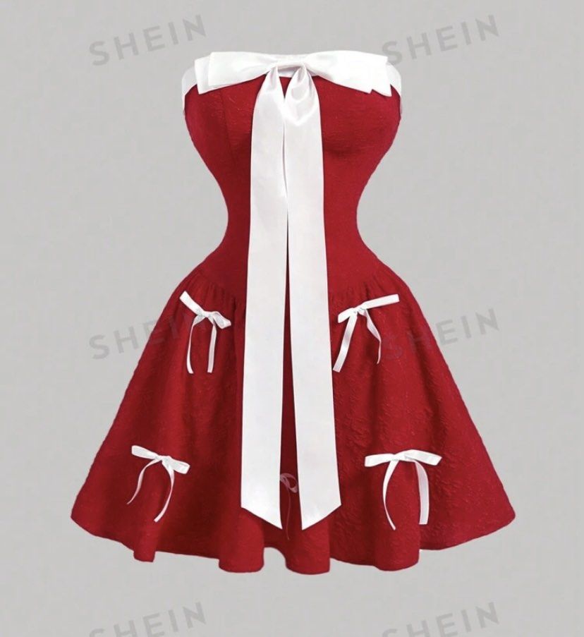 SHEIN Brandnew Christmas Red And White Big Bow Umbrella Skirt Off-Shoulder  Short Tube Dress Women Outfit Party Costume Women Dresses, Women's Fashion,  Dresses & Sets, Dresses on Carousell