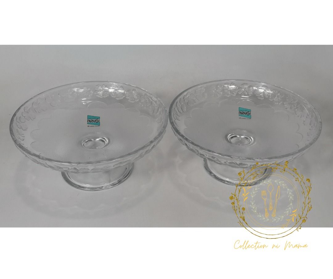 Vintage 2PCS Cake Candy Dessert Stand (Category: Food Organization & Storage) located in Manila. Submitted by collectionnimama (Listing ID 1339879768, Image 2). Description: •2pcs Cake Candy Dessert Stand •Glass Material •Color: Clear •PARNASSE Brand •Made in Japan •Condition: Brand New, With Box, Vintage, Never Been Used •Decluttering •Does not come with original box •As is where is •Pictures shown are actual products. Shipping fee will be shoul