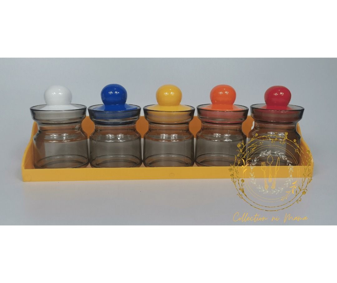 Vintage 5 piece Condiments Jar with Tray Set (Category: Food Organization & Storage) located in Manila. Submitted by collectionnimama (Listing ID 1339845657, Image 2). Description: •5 piece Condiments Jar with Tray Set •Color: Multiple •Made in the Philippines •Condition: Brand New, Vintage, Never Been Used •Decluttering •Comes with original box •As is where is •Pictures shown are actual products. Shipping fee will be shouldered by the buyer. Del