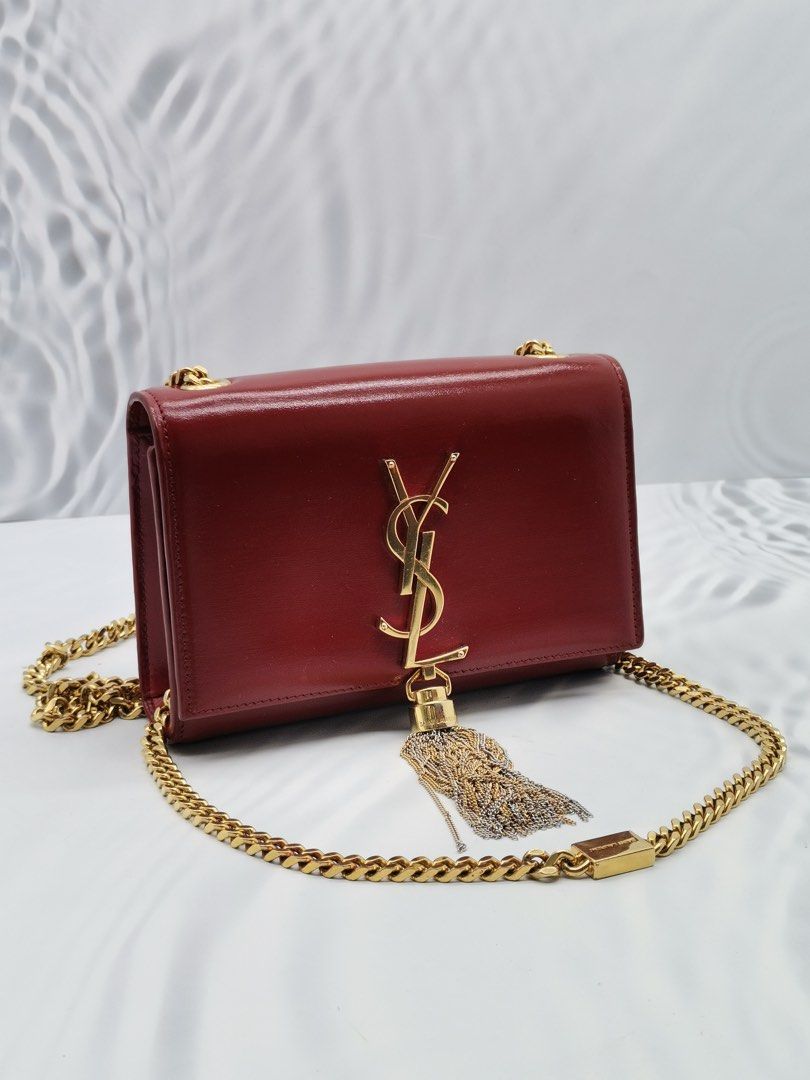 YSL SAINT LAURENT RED CALFSKIN LEATHER SMALL KATE GOLD CHAIN SLING BAG