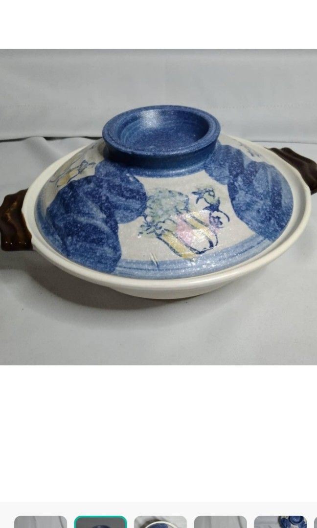 Donabe Claypot cookware (Category: Cookware & Accessories) located in Las Pinas. Submitted by drummerjazz (Listing ID 1340037204, Image 2). Description: Blue cover Donabe Claypot Clean body and bottom Dimensions: Height: 3" Diameter: 10“ (without handle) You need to season this claypot before first use..