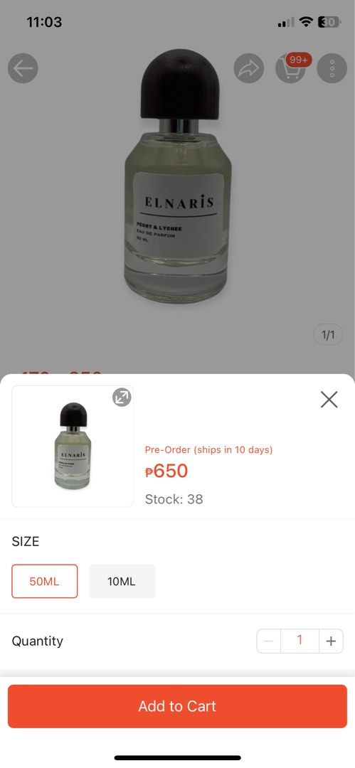 Elnaris Peony and Lychee (Category: Fragrance & Deodorants) located in Quezon City. Submitted by japs0803 (Listing ID 1340100080, Image 2). Description: Missing 3 sprays.