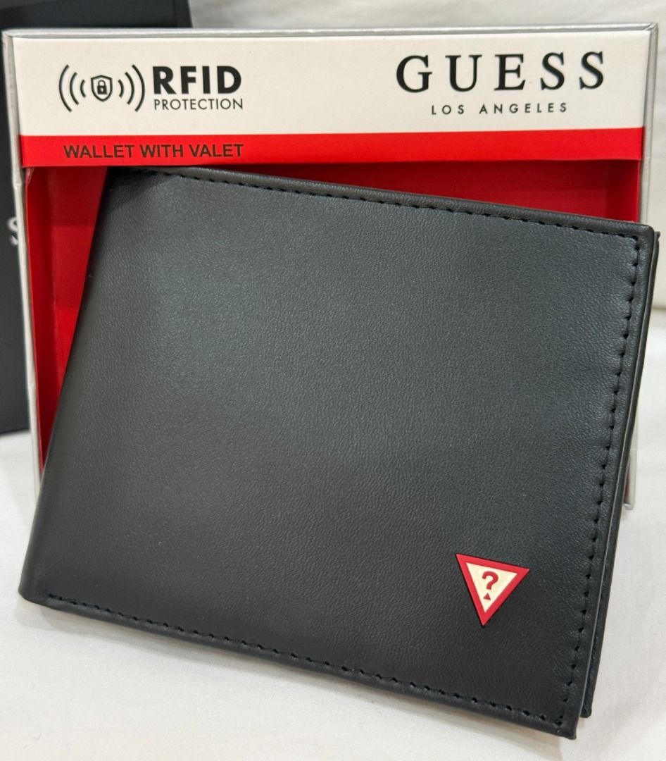 GUESS BLACK W RED LOGO BILLFOLD LEATHER VALET WALLET W RFID PROTECTION 42 Men s Fashion Watches Accessories Wallets Card Holders on Carousell
