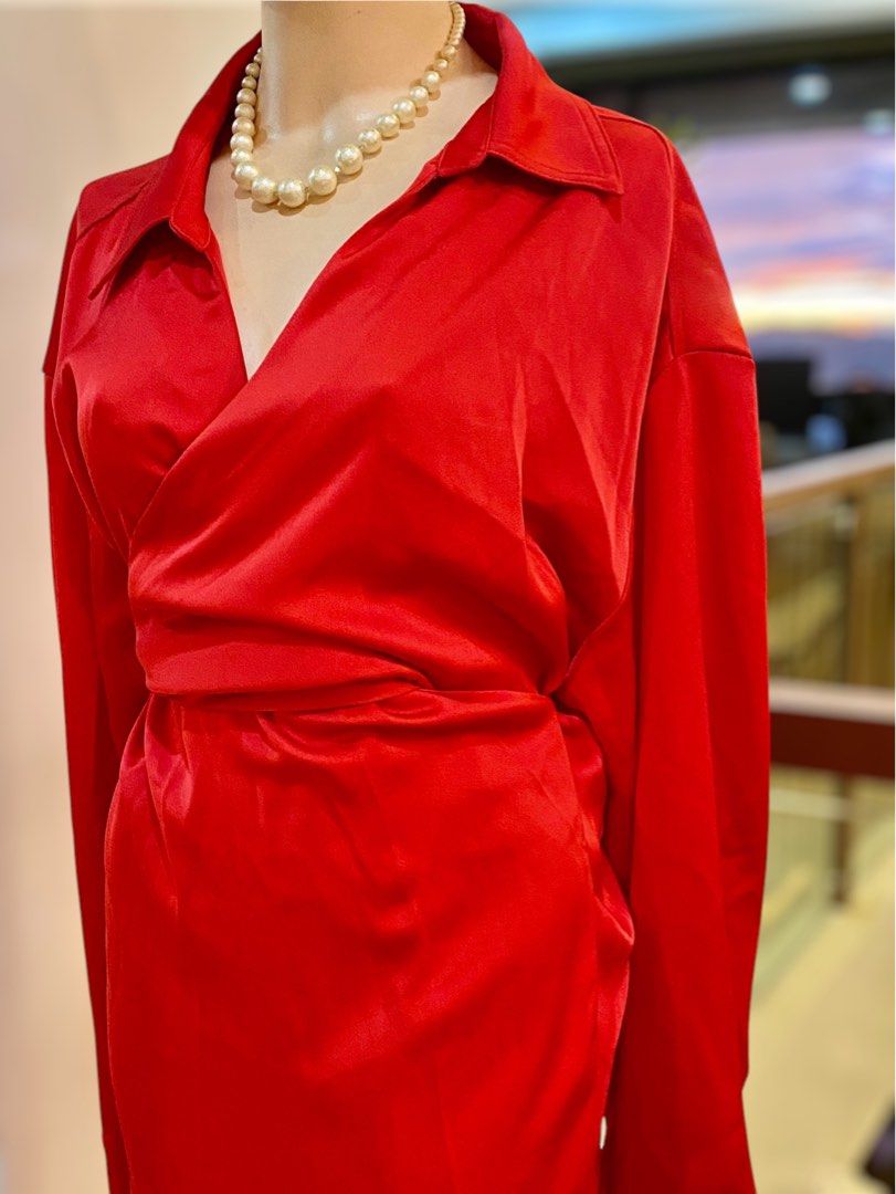 H M Satin Wrap Red Dress w Slit Women s Fashion Dresses Sets Dresses on Carousell