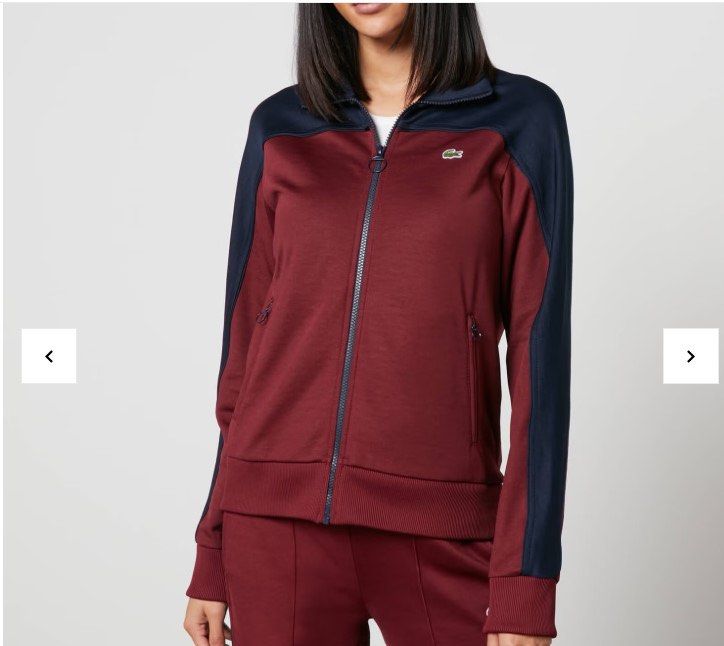 Lacoste Women's track Jacket (Category: Coats, Jackets and Outerwear) located in Mandaluyong City. Submitted by mayanimosity (Listing ID 1339995653, Image 3). Description: Lacoste Neo Heritage track jacket • Burgundy and blue jersey • 51% polyester, 49% cotton • Appliqué logo, two front zipped pockets, ribbed trims • Machine wash • Designer colour: Zin/Navy Blue Condition: Excellent Size: 38 RFS: Extra Ships from Mandaluyong c/o buyer ALL SALES A
