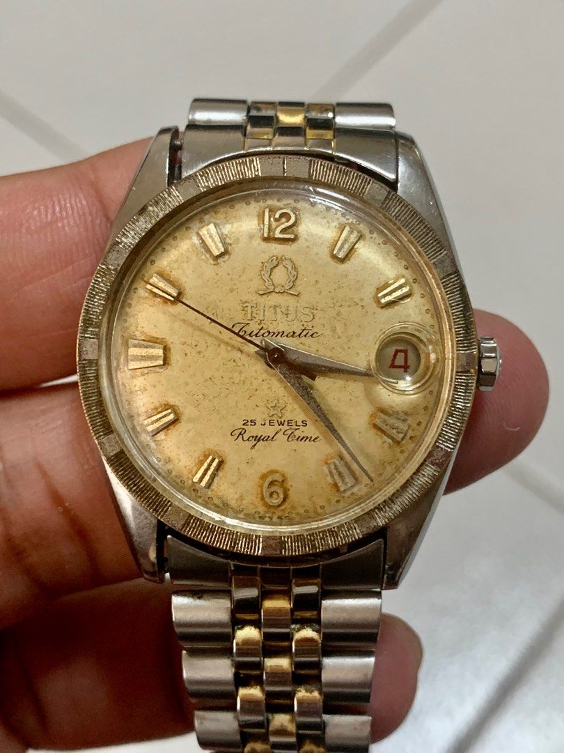 Titus Titomatic Royal Time (Category: Men's Watches) located in Cebu City. Submitted by boyrey (Listing ID 1340054049, Image 1). Description: Vintage Titus Titomatic Swiss made 36mm case size including crown 19mm lug width Unpolished, original case/crystal/crown Champagne dial w/ applied logo, star and markers Automatic and hand-winding Original patina on dial Aftermarket bracelet In good working condition Keeps good time Item in Cebu City.