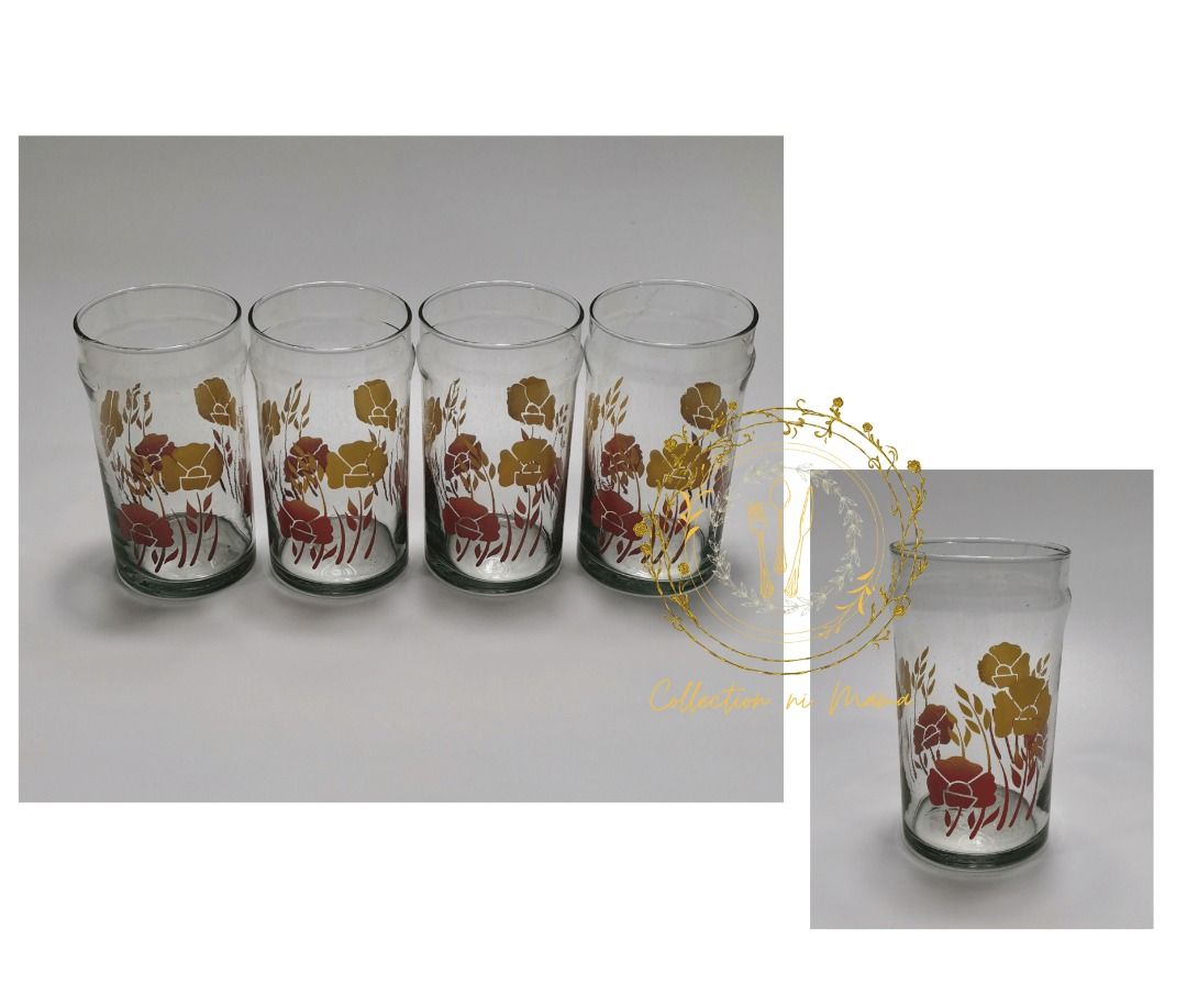 Vintage 4pcs Paper Flower Drinking Glass Set (Category: Other Kitchenware & Tableware) located in Manila. Submitted by collectionnimama (Listing ID 1340020896, Image 1). Description: •4pcs Drinking Glass Set •Glass Material •Color: Clear, Yellow and Red •Paper Flower Design •Made in China •Condition: Brand New, Vintage, Never Been Used •Decluttering •Does not come with original box •As is where is •Pictures shown are actual products. Shipping fee
