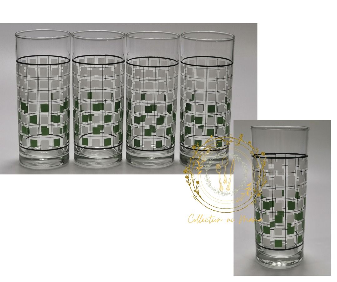 Vintage Green Checkered Drinking Glass Set (Category: Other Kitchenware & Tableware) located in Manila. Submitted by collectionnimama (Listing ID 1340037634, Image 1). Description: •4pcs Drinking Glass Set •Glass Material •Color: Clear, White and Green •Checkered Design •Made in China •Condition: Brand New, Vintage, Never Been Used •Decluttering •Does not come with original box •As is where is •Pictures shown are actual products. Shipping fee wil