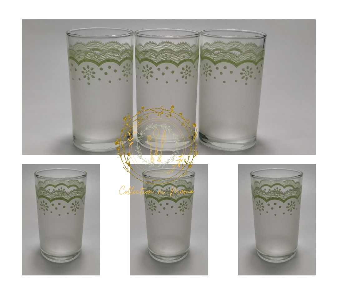 Vintage Green Lace Drinking Glass Set (Category: Other Kitchenware & Tableware) located in Manila. Submitted by collectionnimama (Listing ID 1340024783, Image 1). Description: •3pcs Drinking Glass Set •Glass Material •Color: Frosted, Green •Lace Design •Made in China •Condition: Brand New, Vintage, Never Been Used •Decluttering •Does not come with original box •As is where is •Pictures shown are actual products. Shipping fee will be shouldered by