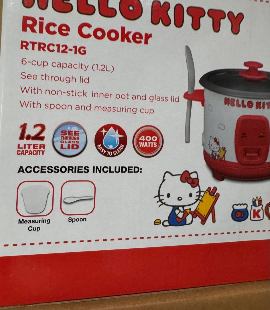 Hello kitty Tough Mama Rice Cooker 1.2L (Category: Cookers) located in Paranaque City. Submitted by homebox.com (Listing ID 1340207576, Image 2). Description: PROMO UNTIL MAY 2026- BUY 1 and get 2nd item with a lower amount in the items for sale at 30%off. 1.2L/6-cup capacity straight type rice cooker 400 WATTS With see-through glass lid With aluminum inner pot With thermal cutoff With spoon and measuring cup included Note: Due to different light