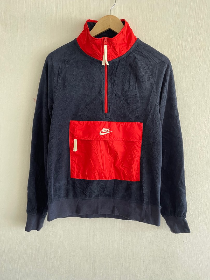 Nike Half Zip Borg Sweat In Navy Men L Fleece Jumper Sweatshirt Red Pullover Top