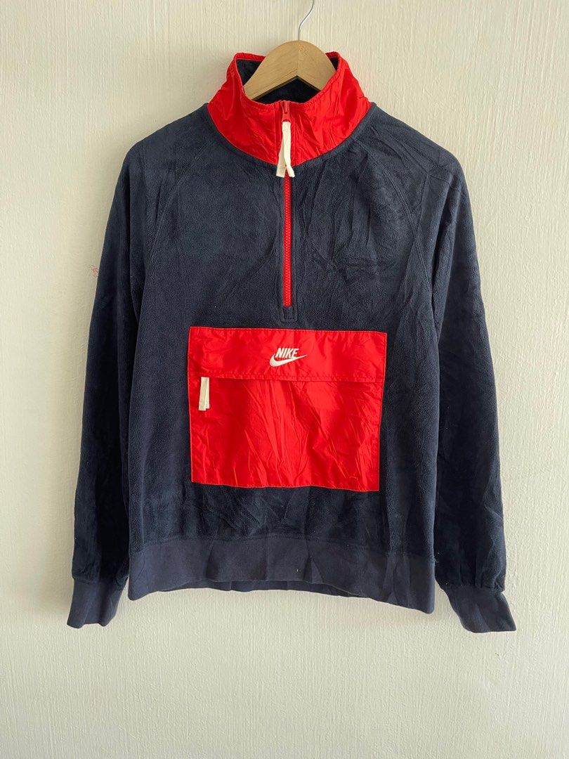 Nike Half Zip Borg Sweat In Navy Men L Fleece Jumper Sweatshirt Red Pullover Top
