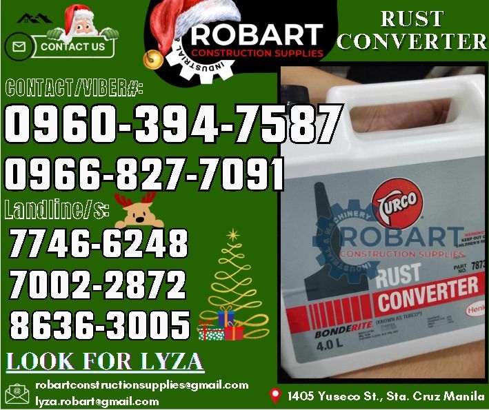 Rust Converter (Category: Looking For) located in Manila. Submitted by lyzarobart11 (Listing ID 1340197763, Image 1). Description: Rust Converter Brand: Turco Size: 4.0 Liters 𝑹𝑶𝑩𝑨𝑹𝑻 𝑪𝑶𝑵𝑺𝑻𝑹𝑼𝑪𝑻𝑰𝑶𝑵 𝑺𝑼𝑷𝑷𝑳𝑰𝑬𝑺 𝒪𝒻𝒻𝒾𝒸𝑒 𝒜𝒹𝒹𝓇𝑒𝓈𝓈: 𝟣𝟦𝟢𝟧 𝒴𝓊𝓈𝑒𝒸𝑜 𝒮𝓉. 𝒮𝓉𝒶 𝒞𝓇𝓊𝓏 𝑀𝒶𝓃𝒾𝓁𝒶 ꜱᴇɴᴅ ᴜꜱ ᴍᴇꜱꜱᴀɢᴇ ꜰᴏʀ ɪɴQᴜɪʀɪᴇꜱ ‼️ ‼️ ɢʟᴏʙᴇ: (0966-827-7091) ꜱᴍʀᴛ - (0960-394-7587) ᴠɪʙʀ - (0960-394-7587) ʟᴀɴᴅʟɪɴᴇ: (8636-ʟᴏᴏᴋ ꜰᴏʀ ʟʏᴢ