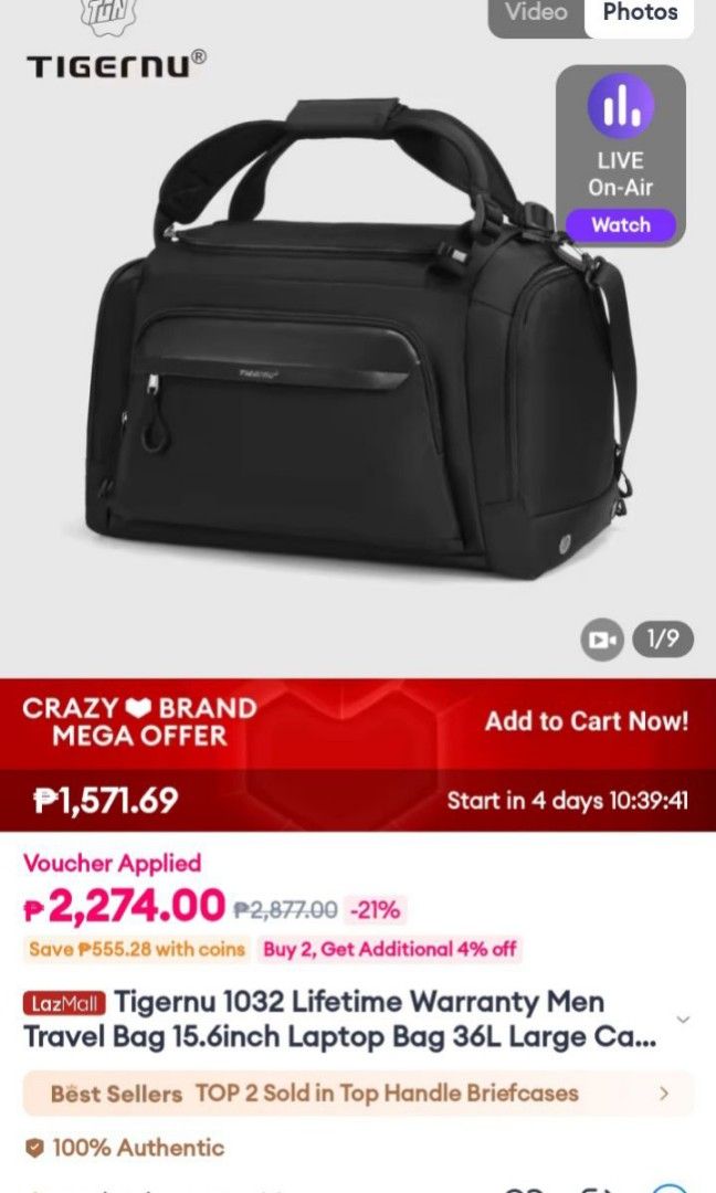 Preloved Tigernu Travel Bag (Category: Sling Bags) located in Quezon City. Submitted by thriftforkeeps (Listing ID 1339936030, Image 1). Description: Good as new - used once Bought from LazMall Tigernu store.