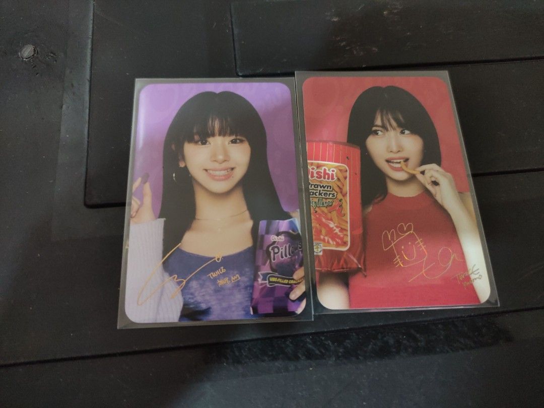 OFFICIAL TWICE X OISHI COLLAB PHOTOCARDS (Category: K-Wave Merchandise) located in Rodriguez. Submitted by starpreloveditems (Listing ID 1340373356, Image 1). Description: -Momo SOLD OUT -Good as new -No flaws -Good condition -includes plastic sleeves MoP: Gcash.