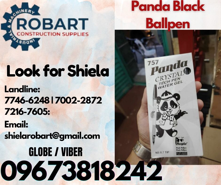 Panda Black Ballpen (Category: Everything Else Others) located in Caloocan City. Submitted by shielaroba44709 (Listing ID 1340299505, Image 1). Description: Panda Black Ballpen 1 box (25pcs.) 𝑹𝑶𝑩𝑨𝑹𝑻 𝑪𝑶𝑵𝑺𝑻𝑹𝑼𝑪𝑻𝑰𝑶𝑵 𝑺𝑼𝑷𝑷𝑳𝑰𝑬𝑺 Office Address: 1405 Yuseco St. Sta Cruz Manila SEND US MESSAGE FOR INQUIRIES ‼️ ‼️ Call: 09673818242 / 09662708845 Vibr - (09673818242) Landline: (𝟩𝟩𝟦𝟨-𝟨𝟤𝟦𝟪) / (𝟩𝟢𝟢𝟤-𝟤𝟪𝟩𝟤) / (𝟩𝟤𝟣𝟨-𝟩
