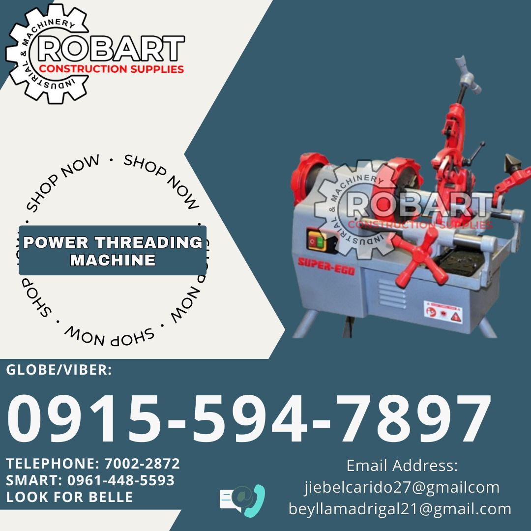 Power Threading Machine (Category: Industrial Equipment) located in Manila. Submitted by bellarobart (Listing ID 1340349854, Image 1). Description: Power Threading Machine Brand: Super Ego Size: 1/2" - 2" 𝑹𝑶𝑩𝑨𝑹𝑻 𝑪𝑶𝑵𝑺𝑻𝑹𝑼𝑪𝑻𝑰𝑶𝑵 𝑺𝑼𝑷𝑷𝑳𝑰𝑬𝑺 Office Address: 1405 Yuseco St. Sta Cruz Manila SEND US MESSAGE FOR INQUIRIES ‼️‼️ Glb/Vibr: 0915-594-7897 Smrt: 0961-448-5593 Landline: (7746-6248 / 7002-2872) 𝓛𝓞𝓞𝓚 𝓕𝓞𝓡 𝓑𝓔𝓛𝓛𝓔 🔵