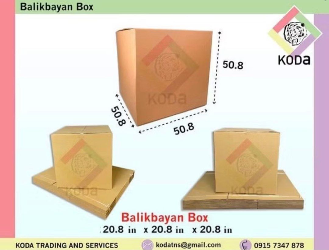 Balikbayan Box Plain Shipping Kraft Corrugated Eco-Friendly Foldable Hard Packaging Moving Box (Category: Accessory Holder, Box & Organizers) located in Quezon City. Submitted by kodaboxph (Listing ID 1333902841, Image 2). Description: Dimensions: Balikbayan Box 20.8cm x 20.8cm x 20.8cm (centimeters) Balikbayan Box 50.8in x 50.8in x 50.8in (inches) Ø SOLD by 10 PIECES. Ø Message for advance/bulk orders. Industrial use: Paper packaging, shipping b