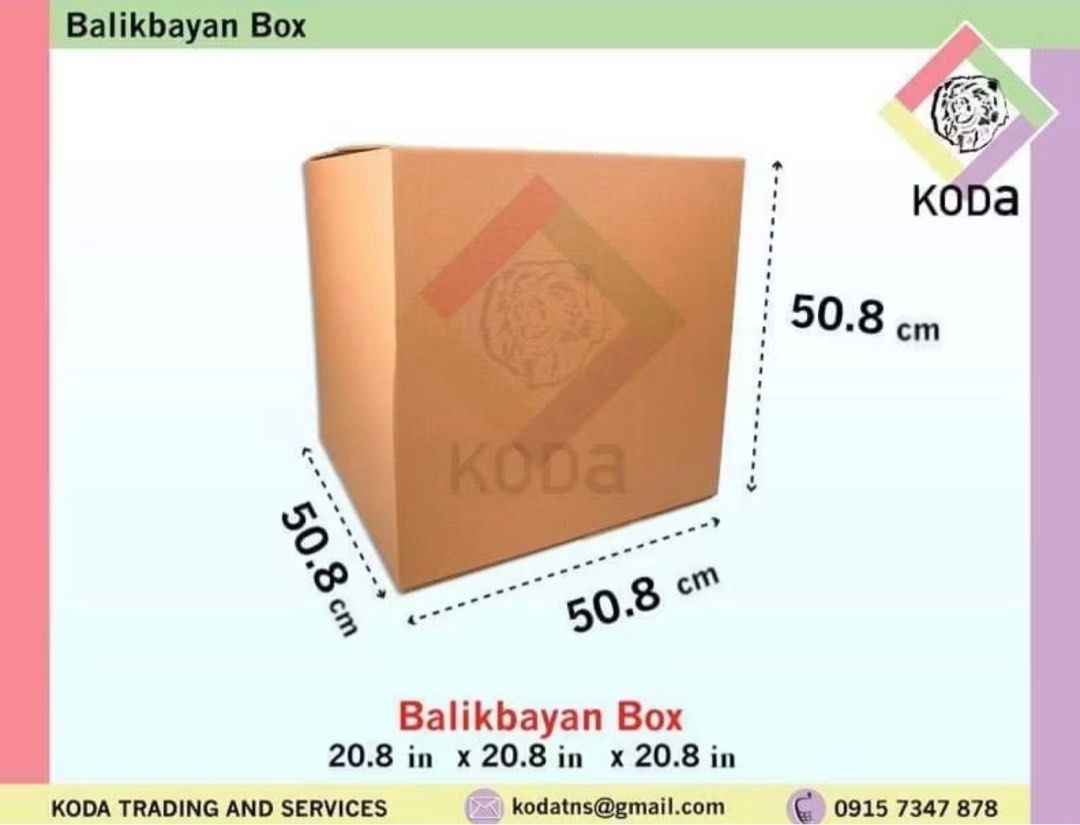 Balikbayan Box Plain Shipping Kraft Corrugated Eco-Friendly Foldable Hard Packaging Moving Box (Category: Accessory Holder, Box & Organizers) located in Quezon City. Submitted by kodaboxph (Listing ID 1333902841, Image 1). Description: Dimensions: Balikbayan Box 20.8cm x 20.8cm x 20.8cm (centimeters) Balikbayan Box 50.8in x 50.8in x 50.8in (inches) Ø SOLD by 10 PIECES. Ø Message for advance/bulk orders. Industrial use: Paper packaging, shipping b
