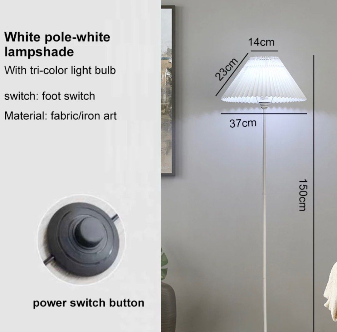 PRE-ORDER | Leonora Floor Lamp (Category: Lighting) located in Manila. Submitted by _marganicole (Listing ID 1340629704, Image 3). Description: Pre-order (ETA 5-7 days) Once the item is on-hand we can do lalamove same day delivery or thru J&T, LBC🤍 About Leonora Floor Lamp👀 - Colors: Black stem w/white shade | All White - Tricolor bulb: Equipped with LED three color 12W bulb (warm, warm white, neutral) - Size: Height 150cm, - Base diameter: 25c