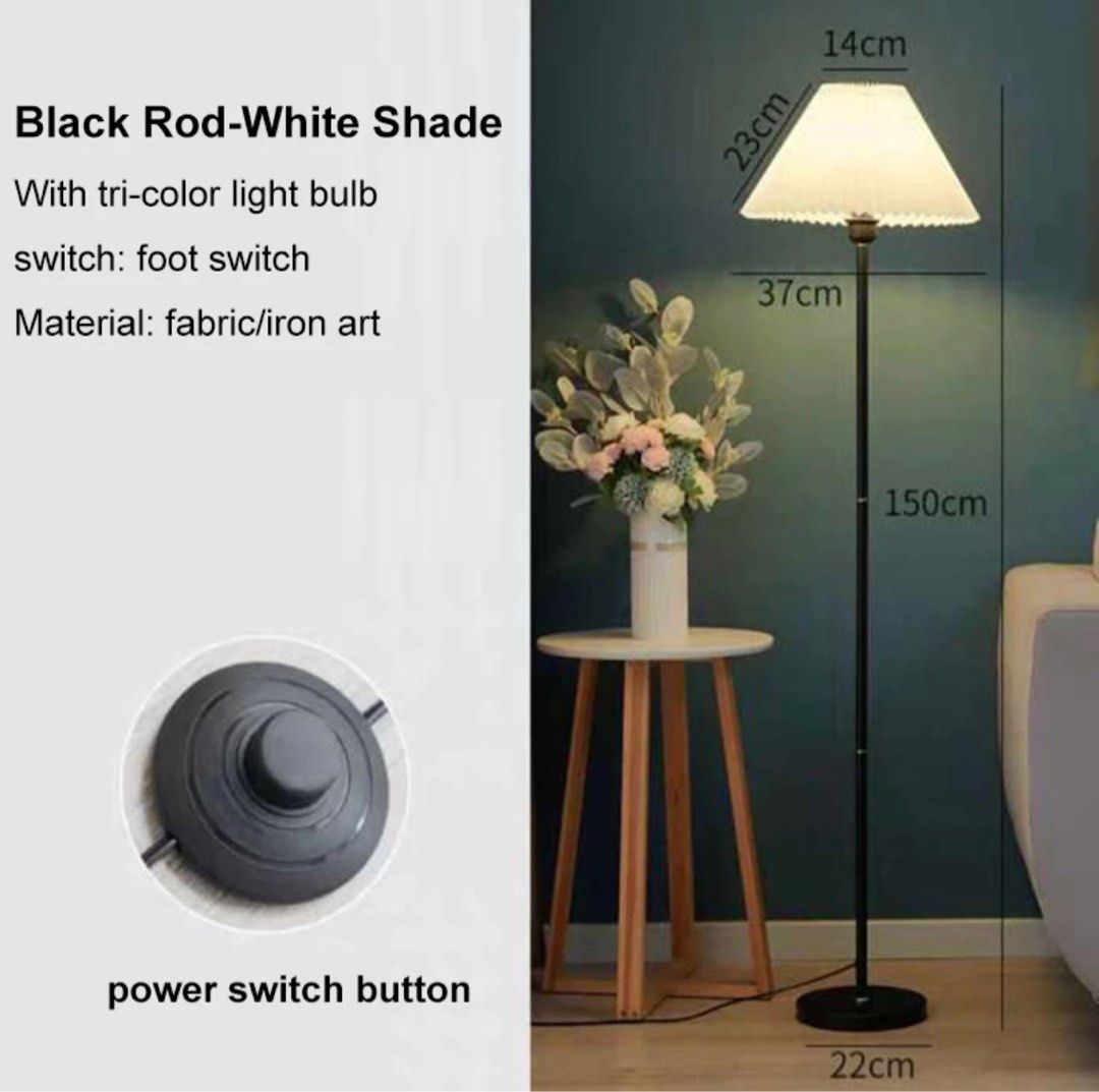 PRE-ORDER | Leonora Floor Lamp (Category: Lighting) located in Manila. Submitted by _marganicole (Listing ID 1340629704, Image 2). Description: Pre-order (ETA 5-7 days) Once the item is on-hand we can do lalamove same day delivery or thru J&T, LBC🤍 About Leonora Floor Lamp👀 - Colors: Black stem w/white shade | All White - Tricolor bulb: Equipped with LED three color 12W bulb (warm, warm white, neutral) - Size: Height 150cm, - Base diameter: 25c