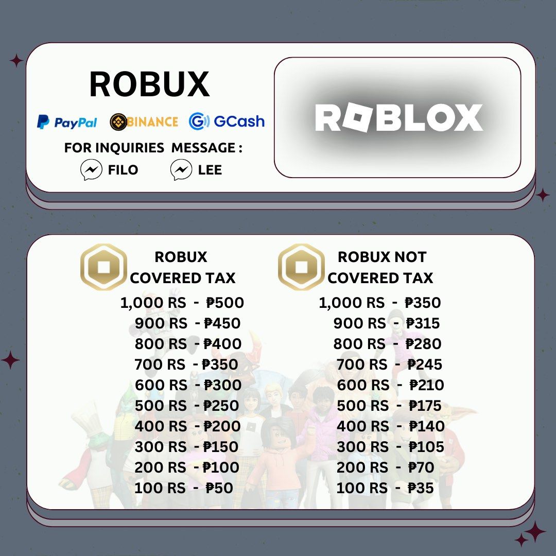 selling robux on roblox (Category: In-Game Products) located in Cebu City. Submitted by realestfilo (Listing ID 1340644869, Image 1). Description: - selling robux - selling robux with an account - selling any giftable gamepasses - selling limited items in roblox - selling rich accounts in any roblox game - piloting bloxfruit game mode of payment: - gcash - add 5% if paypal - add 10% if binance - add 40% if load accepting need bulk: - high tier pe