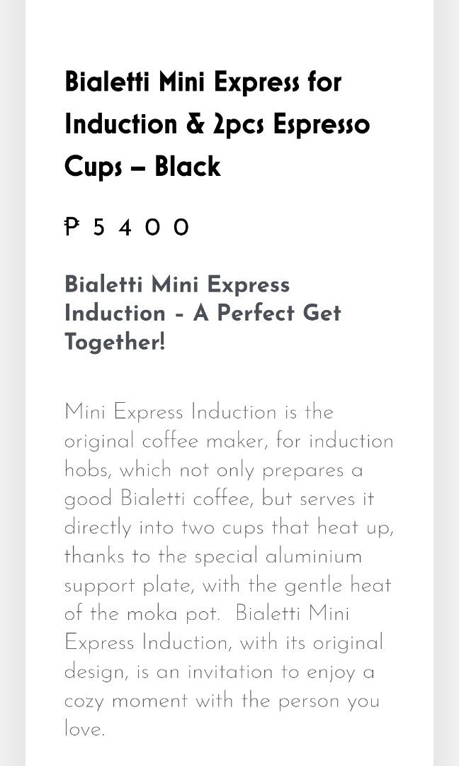 Bialetti Mini Express (Category: Coffee Machines & Makers) located in Makati City. Submitted by abbydeclutters (Listing ID 1340841171, Image 3). Description: Bialetti mini express for induction, currently retails at 5400 in the Bialetti website Comes with 1 espresso glass only cos i accidentally broke the other one 🥲 PM for more pics Note: Bought this in the bialetti store in Italy, don't have the receipt anymore. But still have the box..