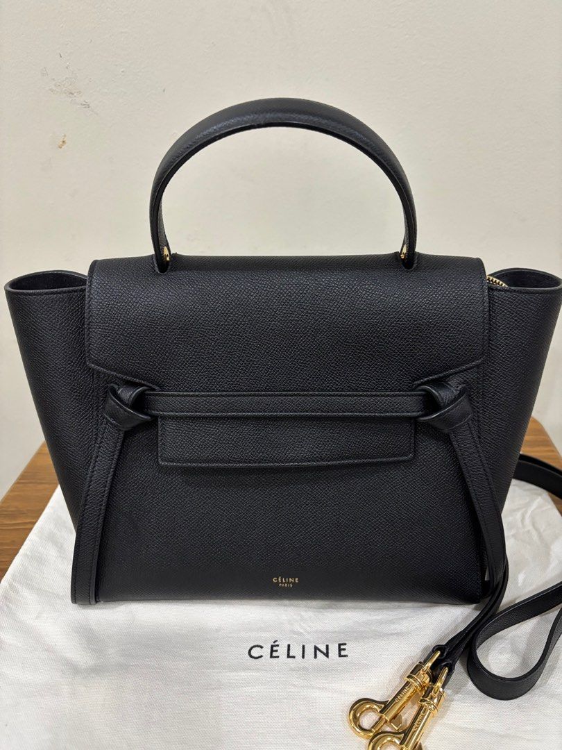 Celine Micro Belt Bag (Category: Luxury Bags & Wallets) located in Las Pinas. Submitted by bellagirl28 (Listing ID 1340860329, Image 2). Description: Celine Micro Belt Bag in black grained calfskin leather Hand carry, shoulder carry and cross-body carry Flap closure w/ hidden metallic piece and zipped closure under the flap Outer zipped pocket on the back Removable leather strap w 20inch drop Handle w 4inch drop Suede calfskin lining Gold finishi