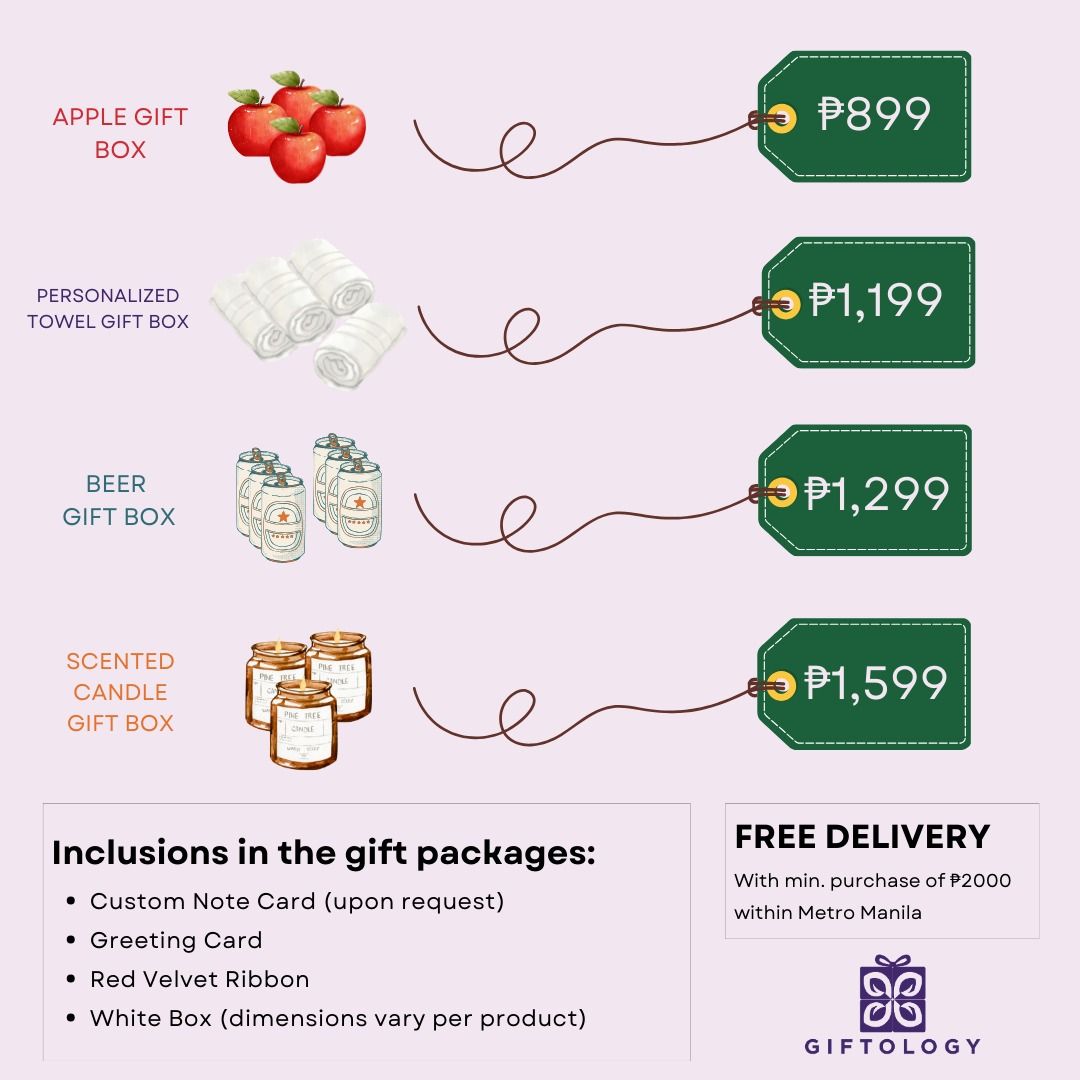 Christmas Gift Sets (Category: Gift Baskets & Hampers) located in Marikina City. Submitted by shancutestar (Listing ID 1340766488, Image 1). Description: Christmas-ready gift boxes! 🎄 Our premium gift boxes are thoughtfully curated to bring sweetness and meaning to someone you cherish. Send us a message for inquiries or visit our page Giftology Ph on facebook Available for pre-order: Apple Gift Box Candle Gift Box Personalized Towel Gift Box Bee