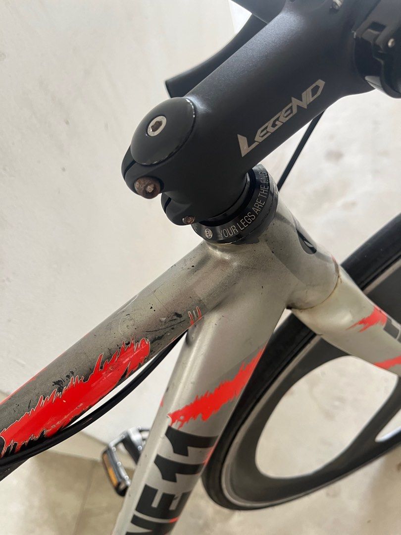Engine 11 2019 fb (Category: Bicycles) located in Singapore. Submitted by ineedmoneybadly293 (Listing ID 1340752621, Image 2). Description: Condition in photo Crankset on the left makes sound when pedaling specs:zitto brakes. Cure crankset. brandless trispoke. 50mm legend rear wheel. wakerly saddle Legend stem. brand less seat post. preomade aero drop bar. Bottle holder and lights not included .
