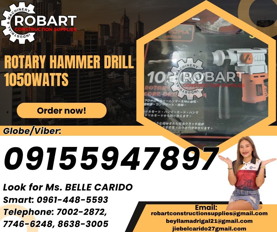 Rotary Hammer Drill 1050watts (Category: Industrial Equipment) located in Manila. Submitted by bellarobart (Listing ID 1340691359, Image 1). Description: rotary hammer drill 1050watts brand: hoyoma 𝑹𝑶𝑩𝑨𝑹𝑻 𝑪𝑶𝑵𝑺𝑻𝑹𝑼𝑪𝑻𝑰𝑶𝑵 𝑺𝑼𝑷𝑷𝑳𝑰𝑬𝑺 Office Address: 1405 Yuseco St. Sta Cruz Manila SEND US MESSAGE FOR INQUIRIES ‼️‼️ Glb/Vibr: 0915-594-7897 Smrt: 0961-448-5593 Landline: (7746-6248 / 7002-2872) 𝓛𝓞𝓞𝓚 𝓕𝓞𝓡 𝓑𝓔𝓛𝓛𝓔 🔵 100% T