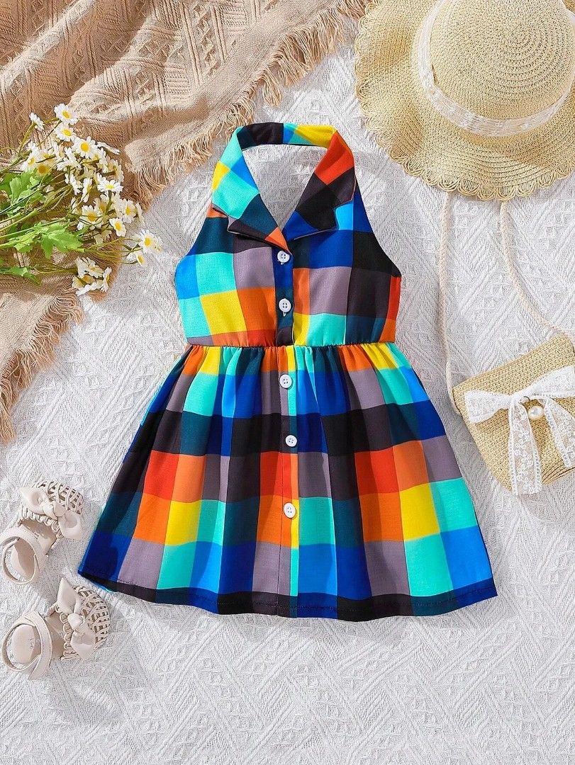 Baby Girl Plaid Print Button Front Halter Neck Backless Dress